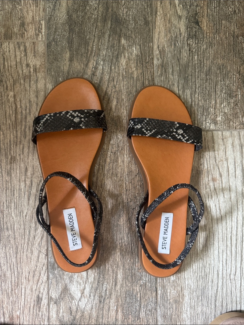 Steve Madden Black Snake-Print Strap Sandals with Tan Footbed